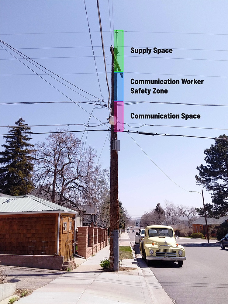 Communication Worker Safety Zone labeled on pole