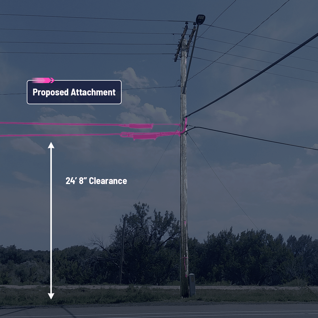 Utility pole with proposed broadband attachment and clearance measurement