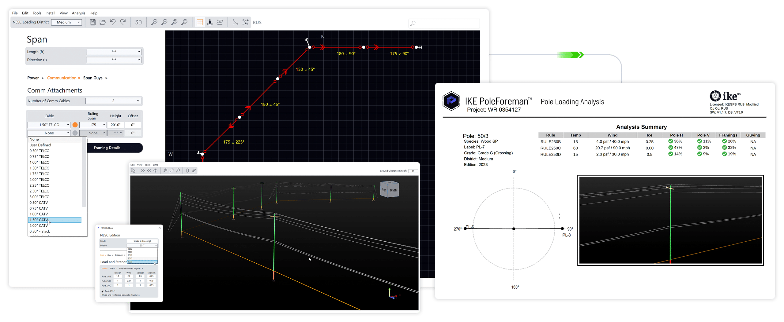 Structural analysis with IKE PoleForeman. Showcasing 2D, 3D, NESC, and Reporting.