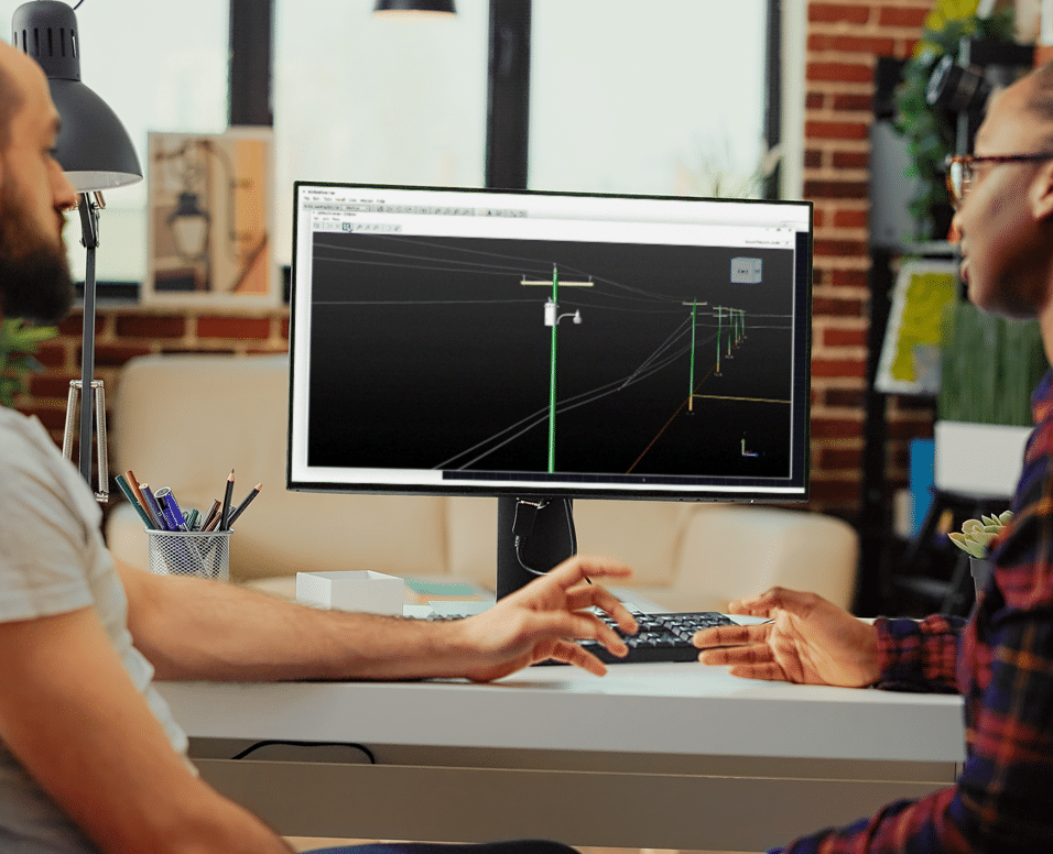 Two individuals using IKE PoleForeman to do pole loading analysis