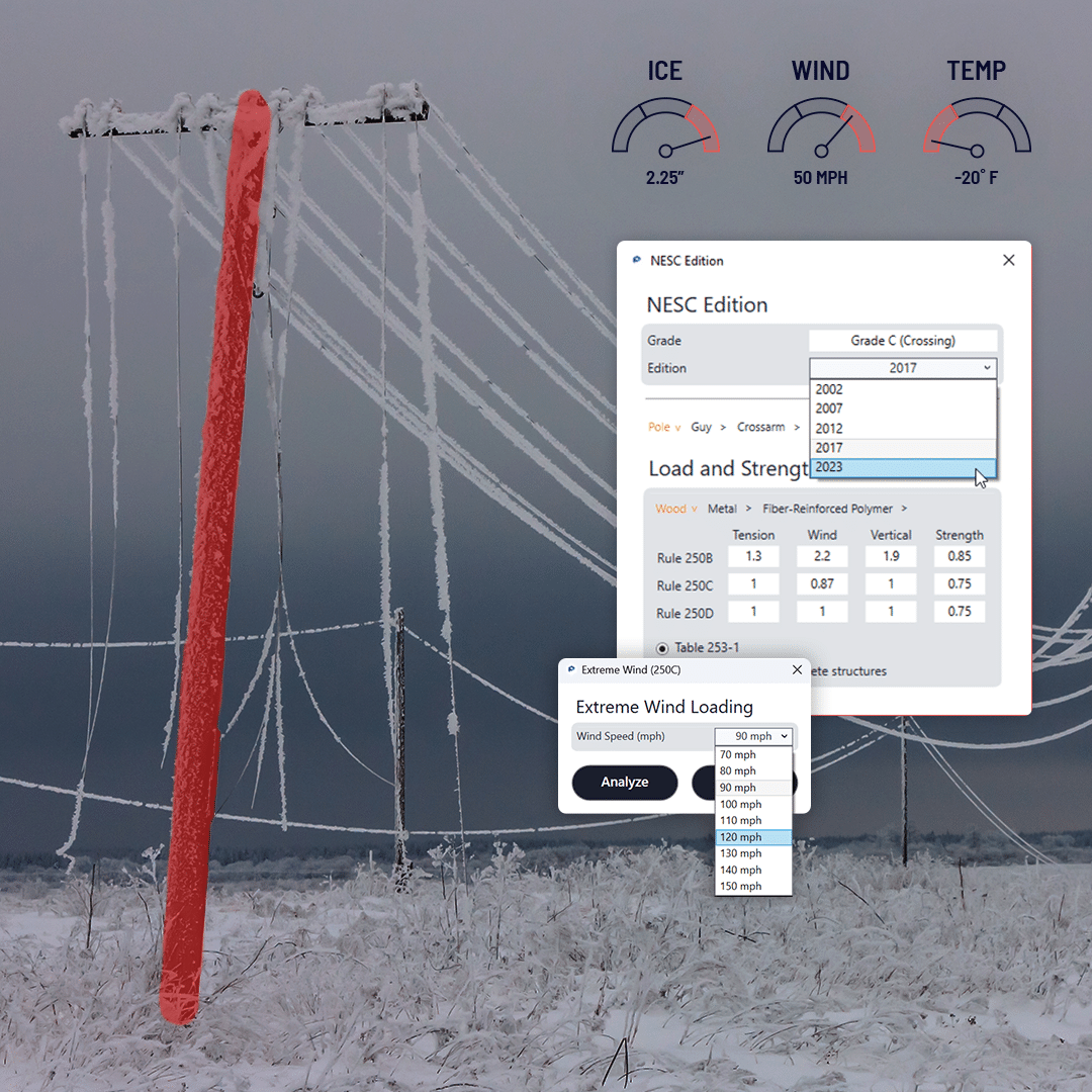 Utility pole damaged in a winter storm with pole loading analysis and NESC details
