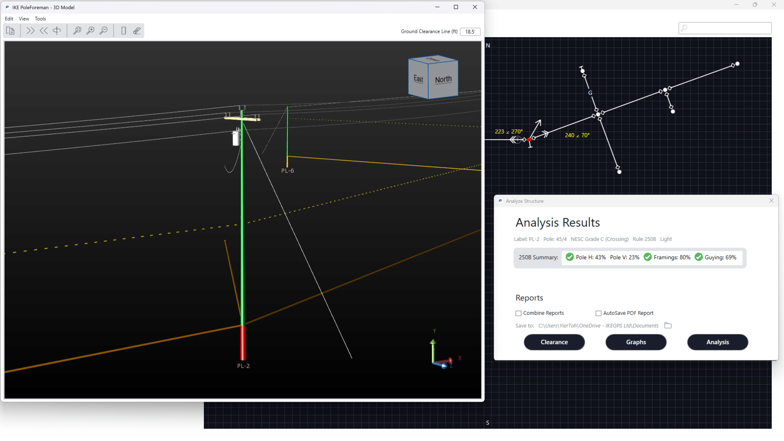 IKE PoleForeman screen showing pole loading analysis results